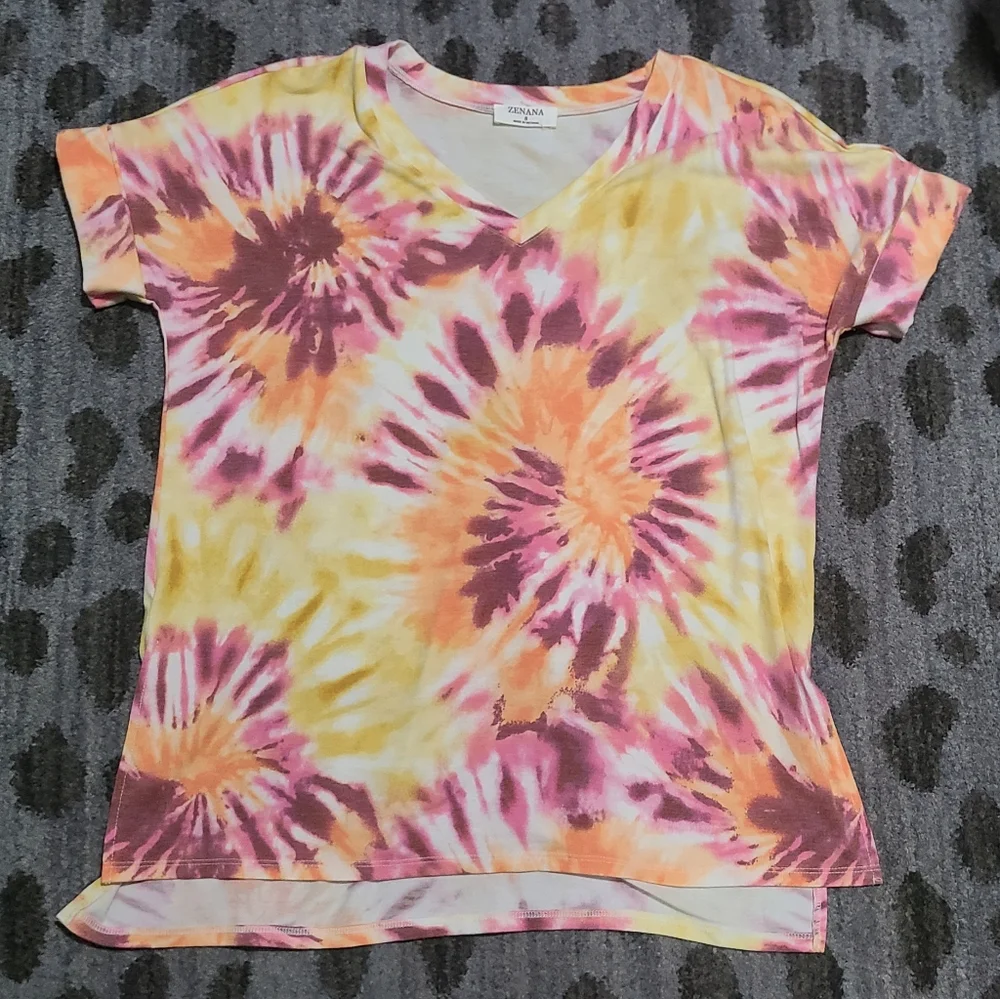 Zenana Yellow and Pink Tie-dye Tee sz S - Picture 1 of 7